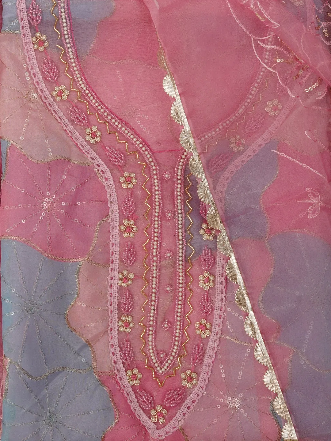 Multicolor Floral Sequin Embroidered Organza Dress Material with Dupatta
