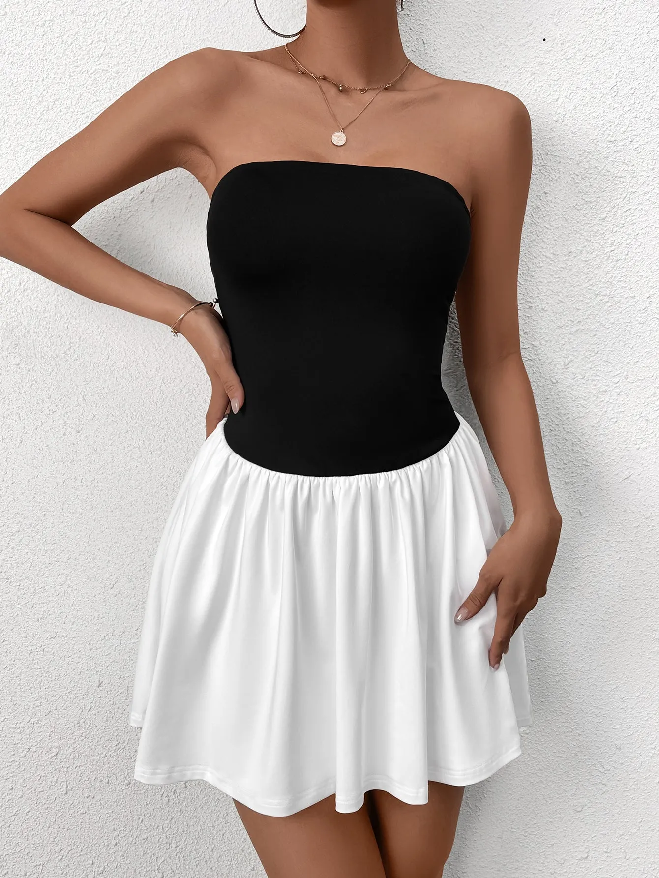 Patchwork Contrast Tube Mini Dress