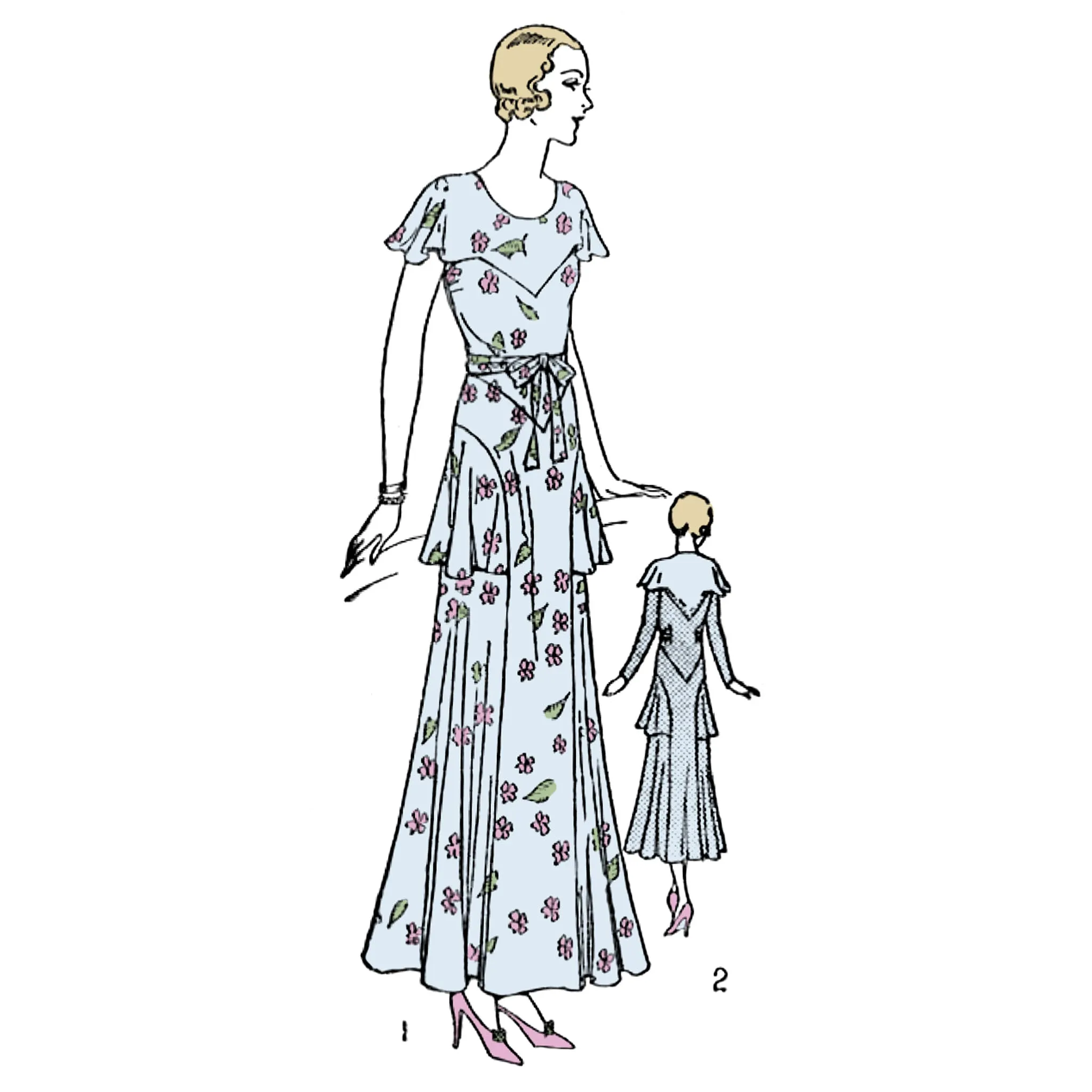 PDF - 1930's Pattern: Unique Dress with Cape and Peplum -  Bust 32” (81cm) - Download