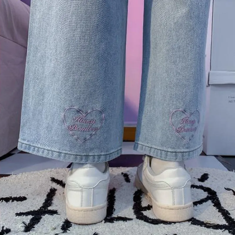 Pink Heart Embroidered Jeans