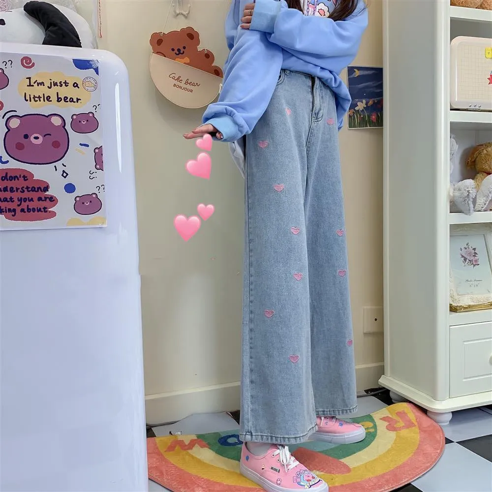Pink Heart Embroidered Jeans