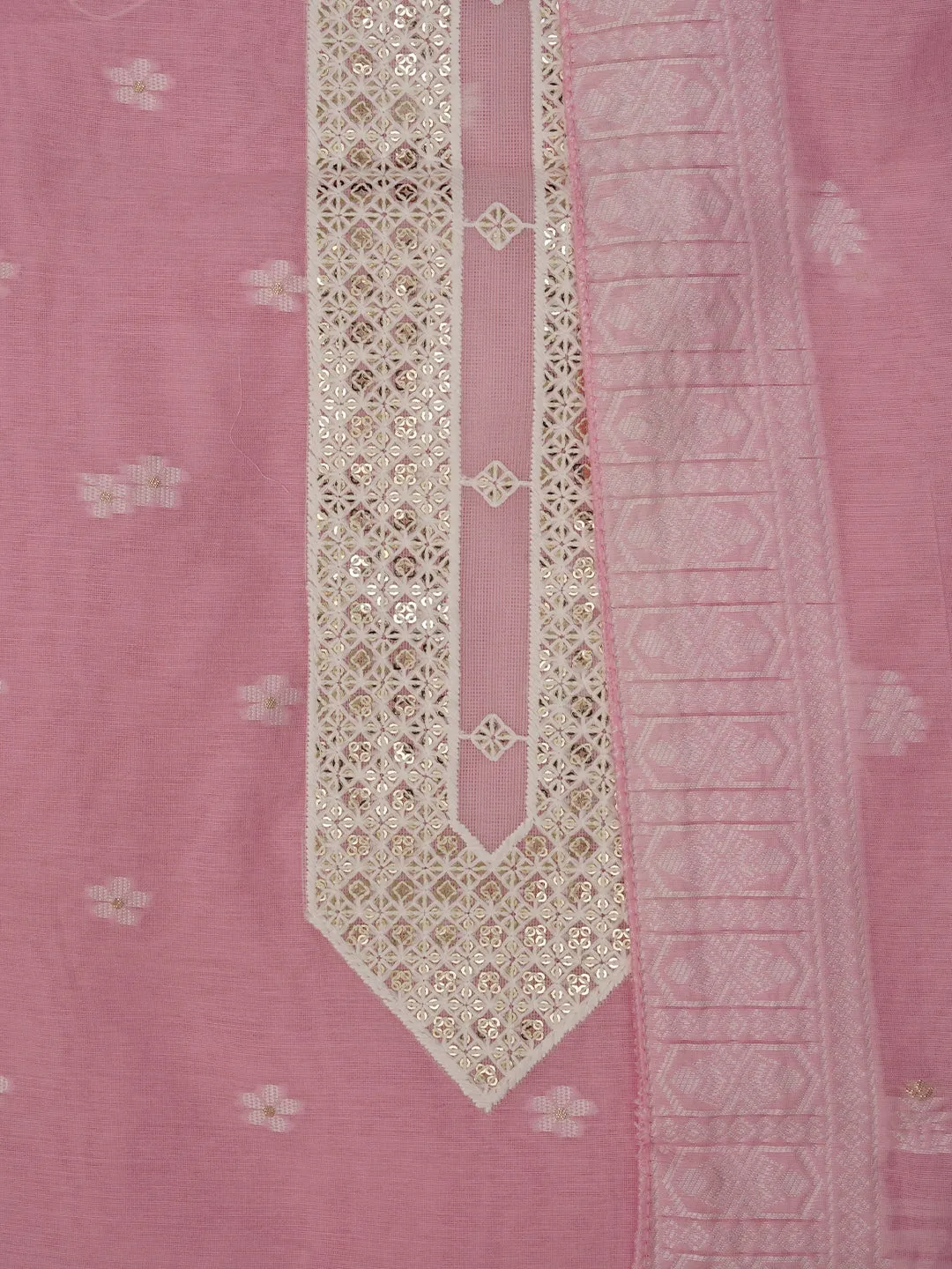 Pink Zari Woven Cotton Blend Dress Material with Dupatta