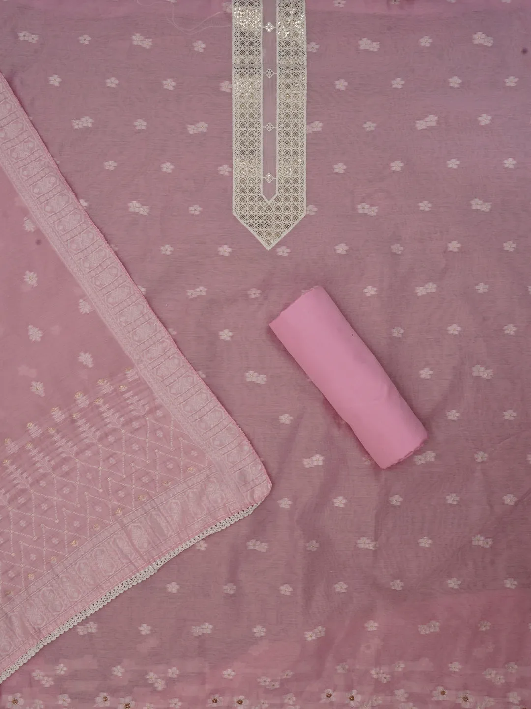 Pink Zari Woven Cotton Blend Dress Material with Dupatta