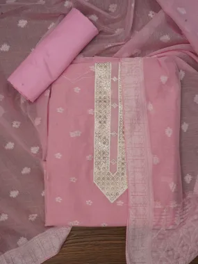Pink Zari Woven Cotton Blend Dress Material with Dupatta