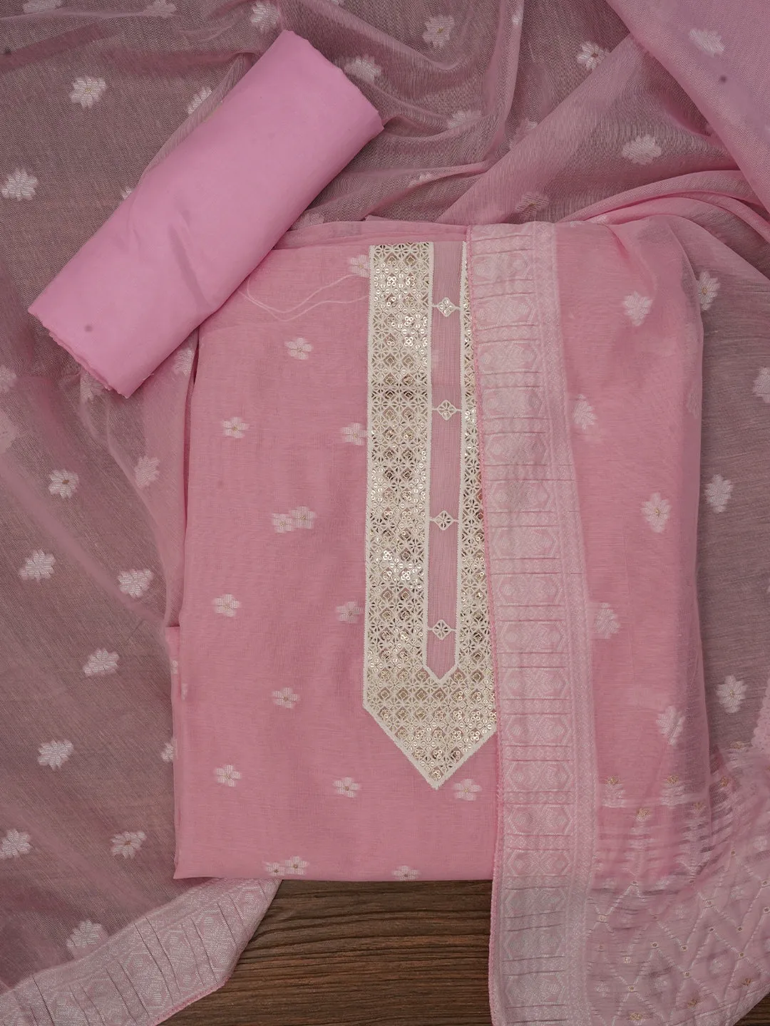 Pink Zari Woven Cotton Blend Dress Material with Dupatta