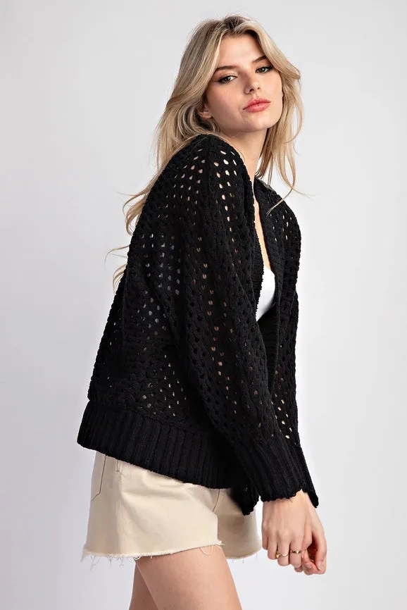 Plus - Long Sleeve Crochet Open Front Cardigan BLACK