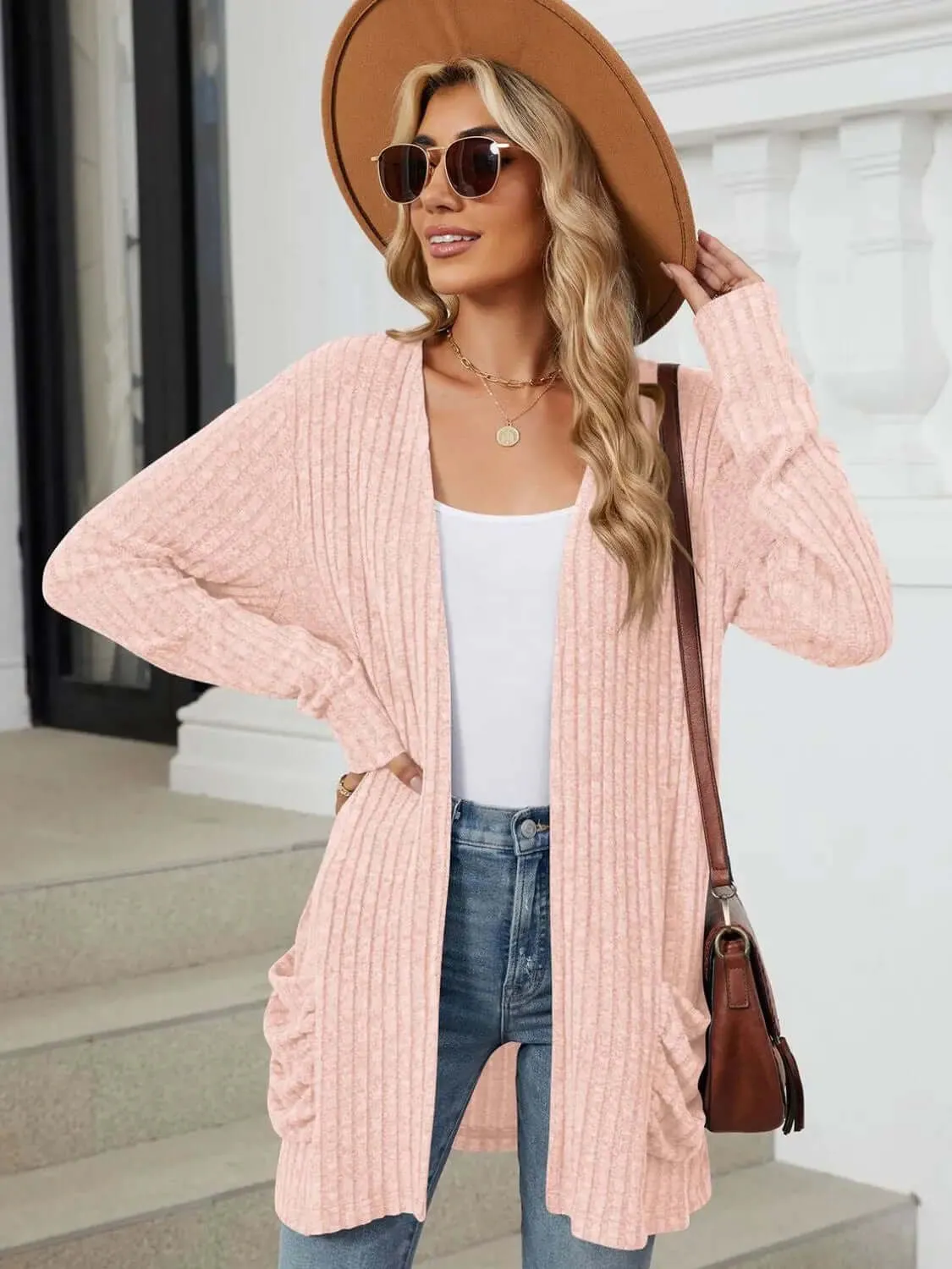 Pocketed Open Front Long Sleeve Cardigan