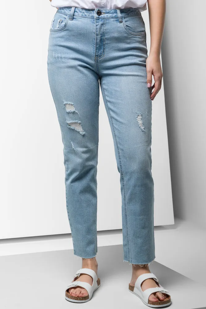 Ripped Straight Leg Denim Jeans Blue