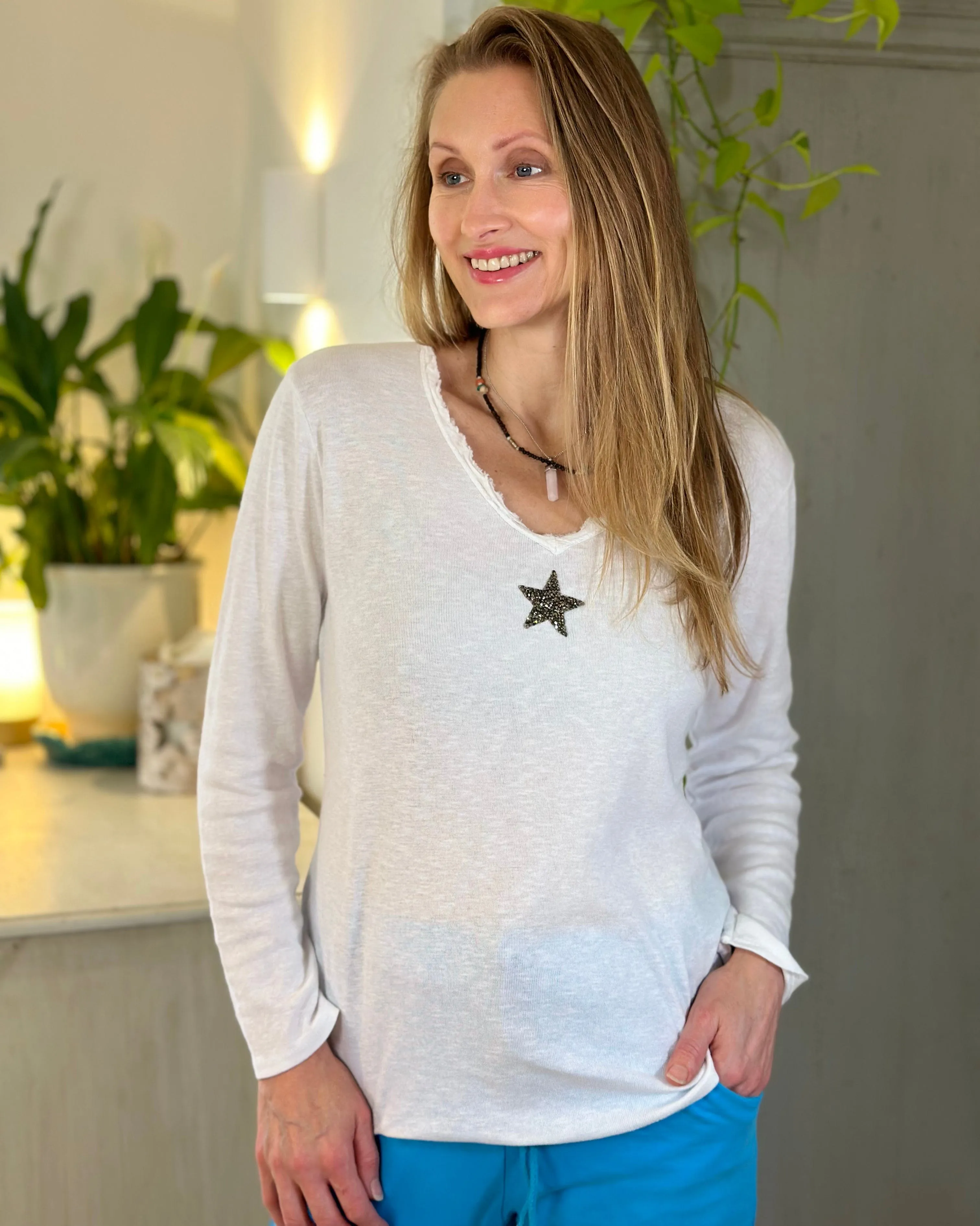 Sequin Star Long Sleeved T-Shirt - White
