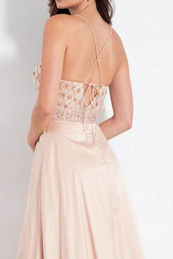 Sexy Delicate Beading Beige Prom Dress Long Formal Dress with Slit