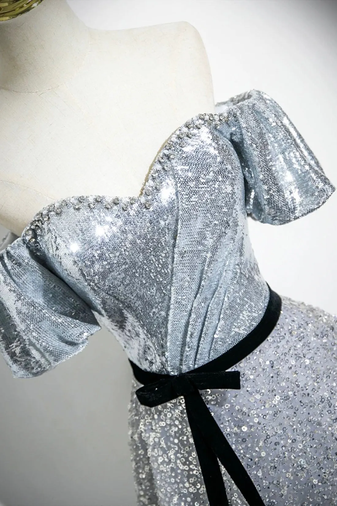 Silver Sequins Floor Length Prom Dress, Beautiful A-Line Short Sleeve Party Dress