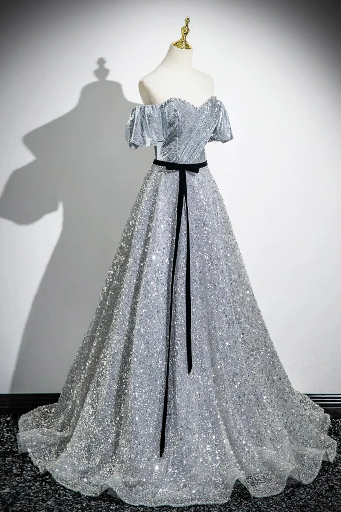 Silver Sequins Floor Length Prom Dress, Beautiful A-Line Short Sleeve Party Dress