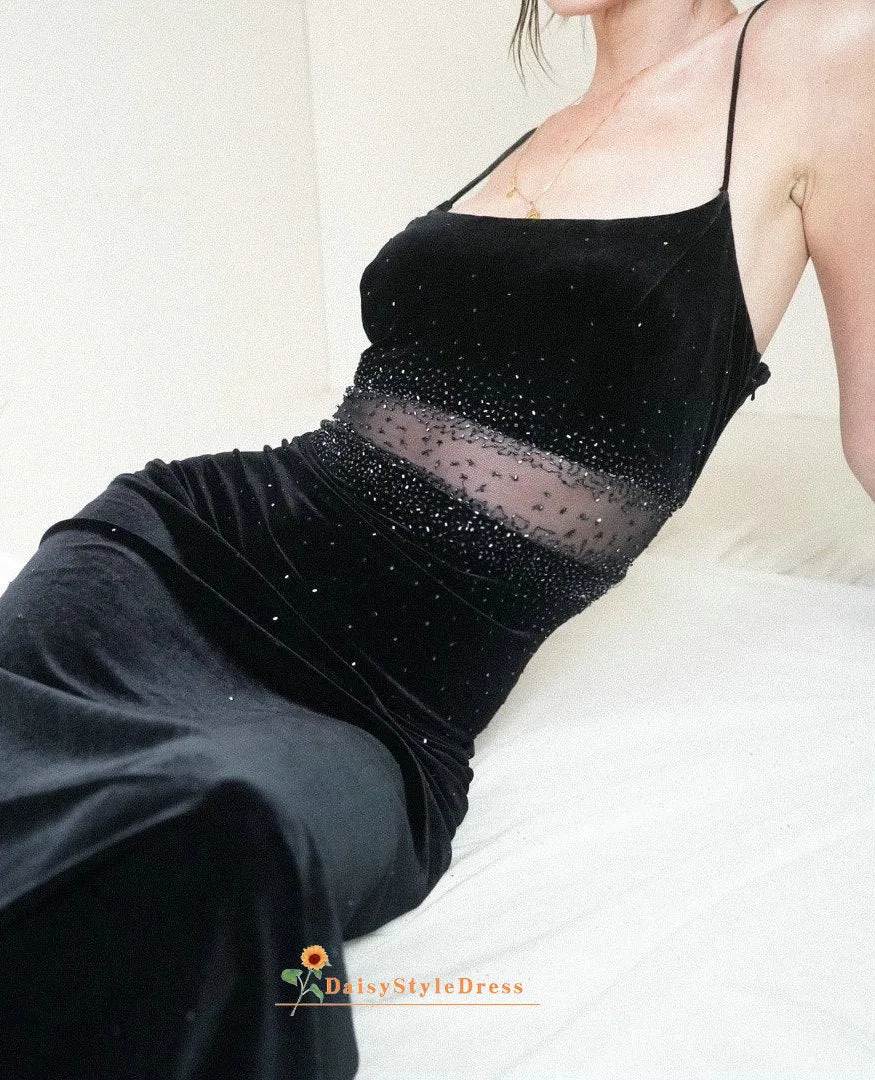 Vintage Fit and Flare Black Velvet Prom Dress