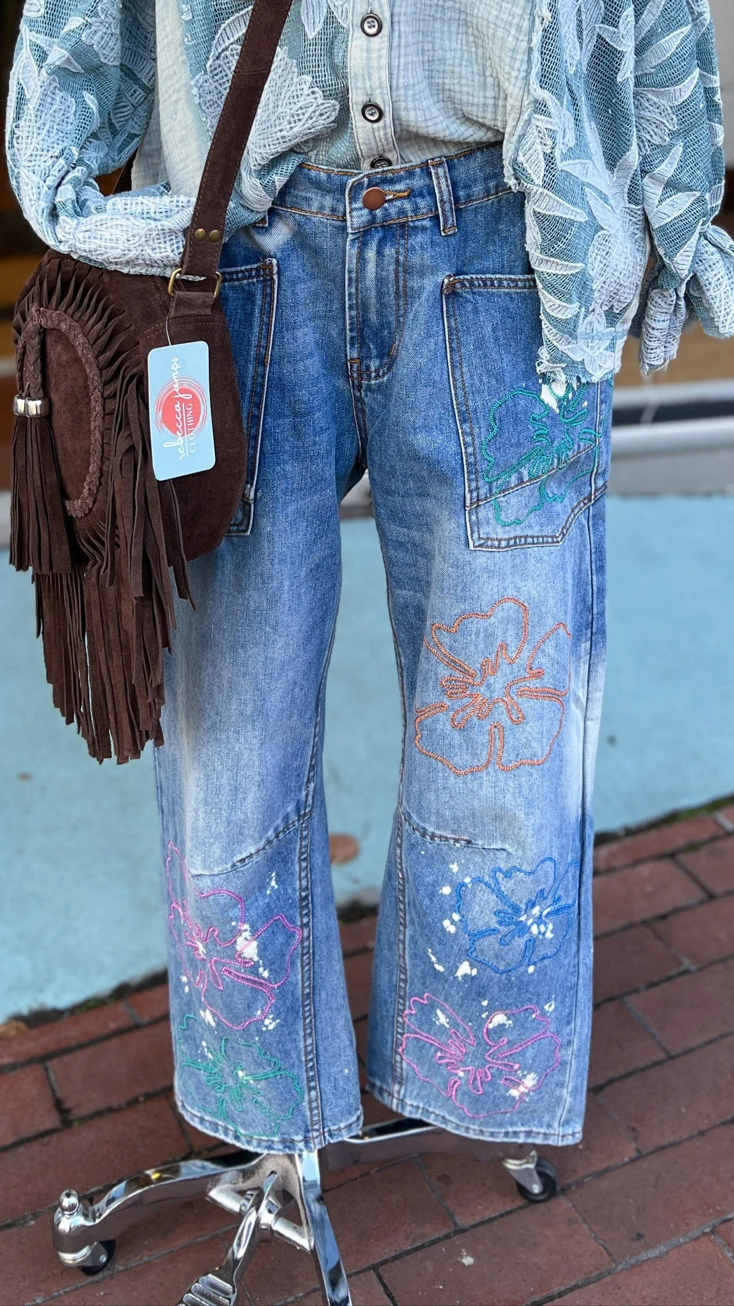 Wide Leg Floral Embroidered Jeans