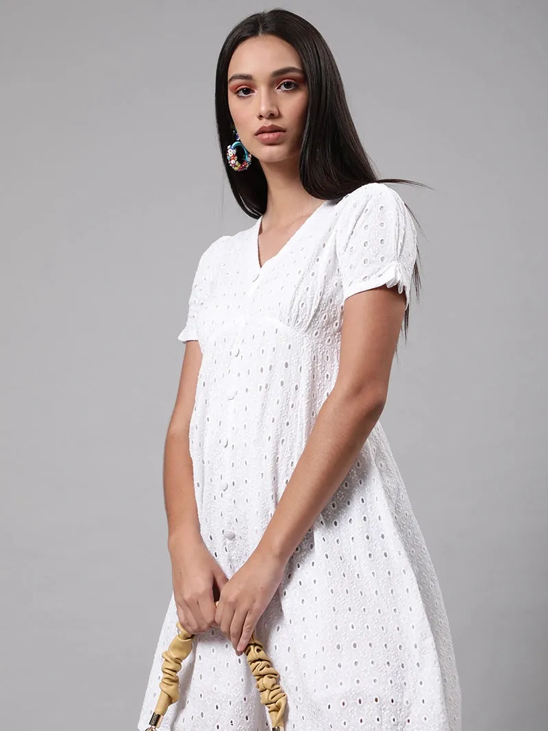 Women White Schiffli Cotton Skater Dress