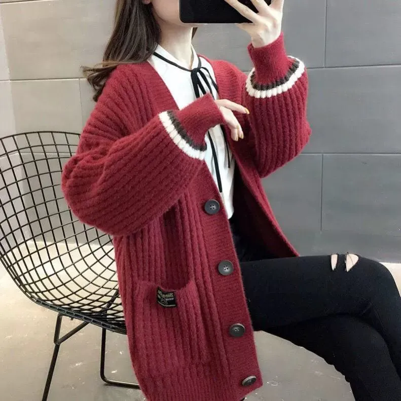 Women's Mid Length Long Length Spring and Autumn Sweater Knitted Cardigan