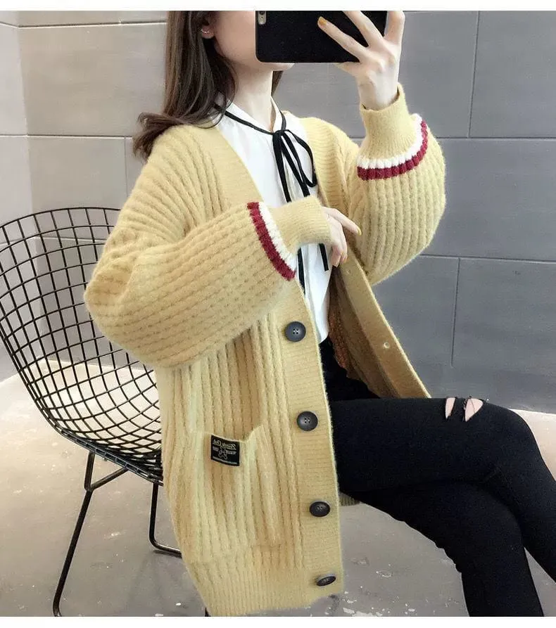 Women's Mid Length Long Length Spring and Autumn Sweater Knitted Cardigan