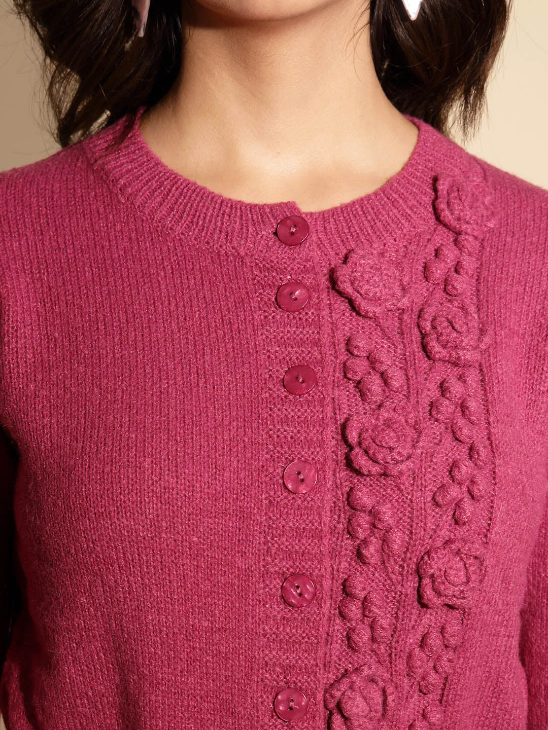 Women's Solid Round Neck Pink Cardigan