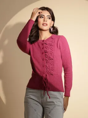 Women's Solid Round Neck Pink Cardigan