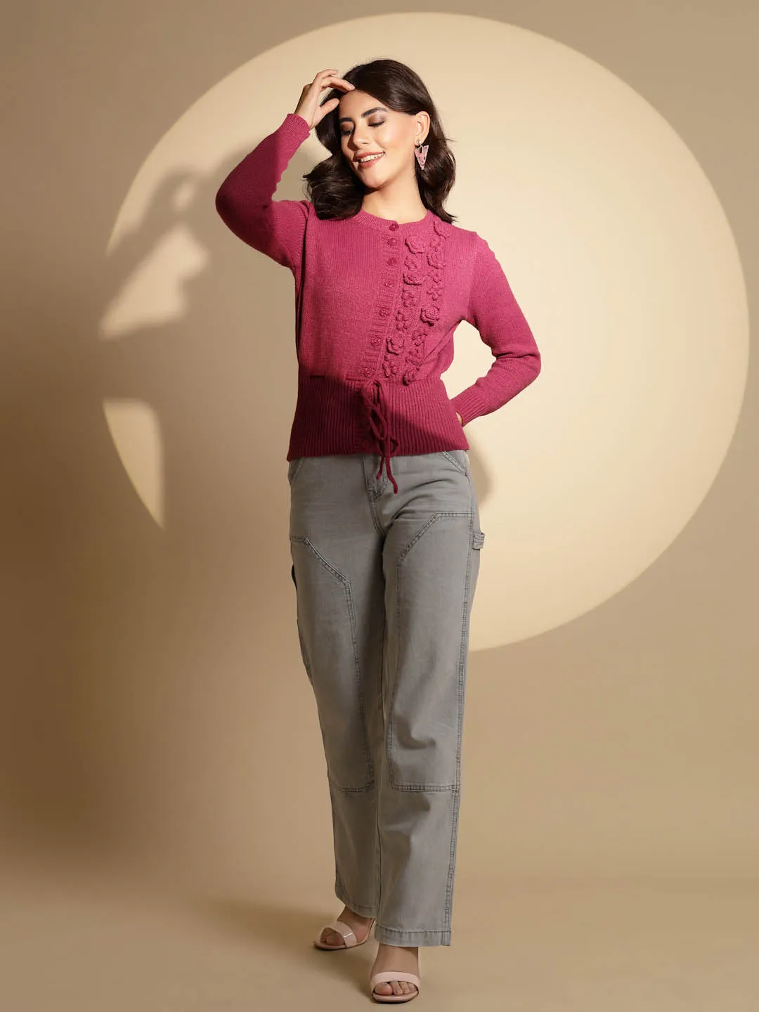 Women's Solid Round Neck Pink Cardigan