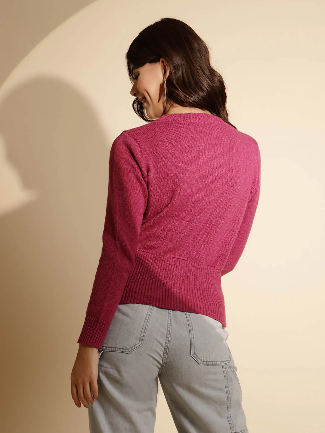 Women's Solid Round Neck Pink Cardigan