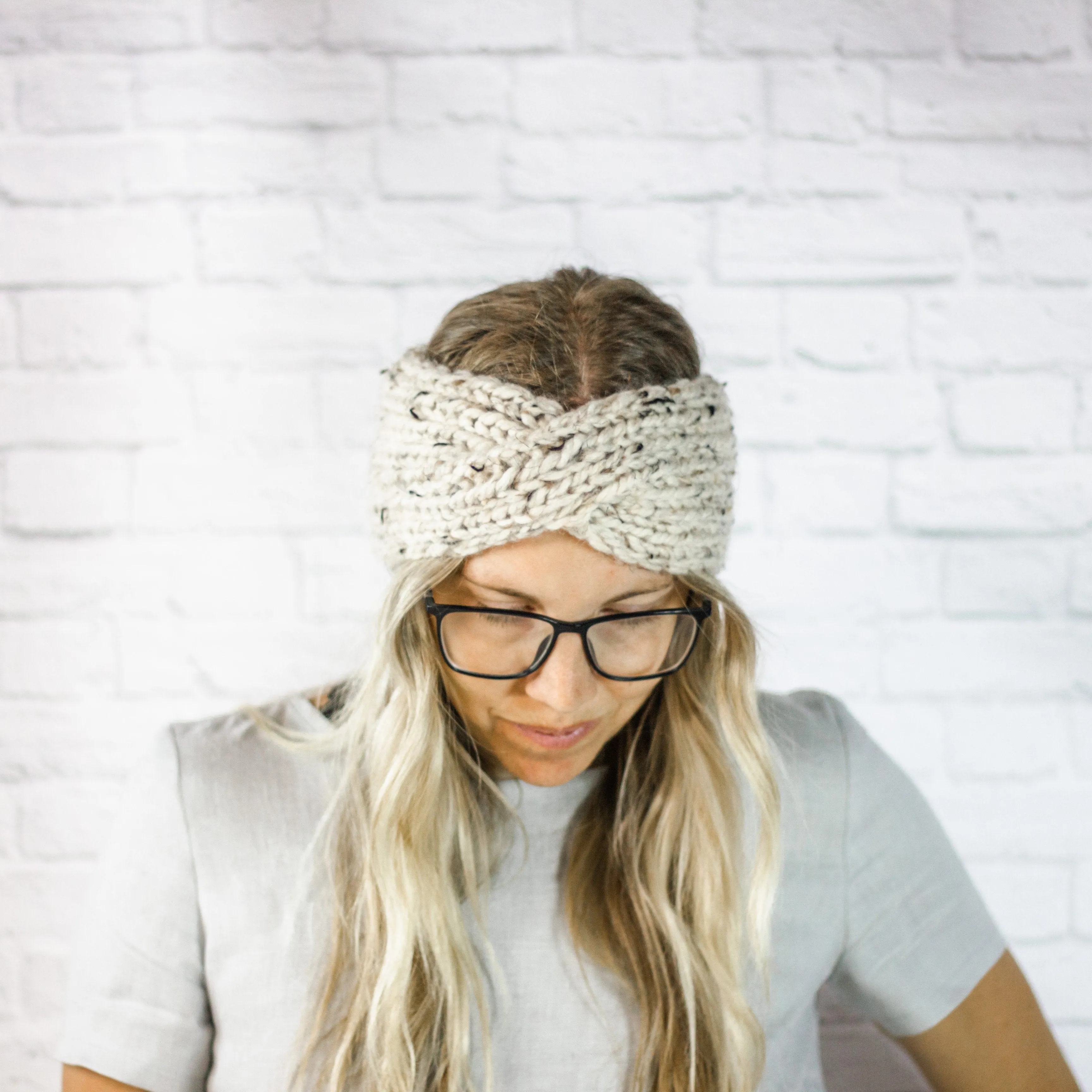 Womens Wide Knit Turban Twist Ear Warmer Headband in Oatmeal